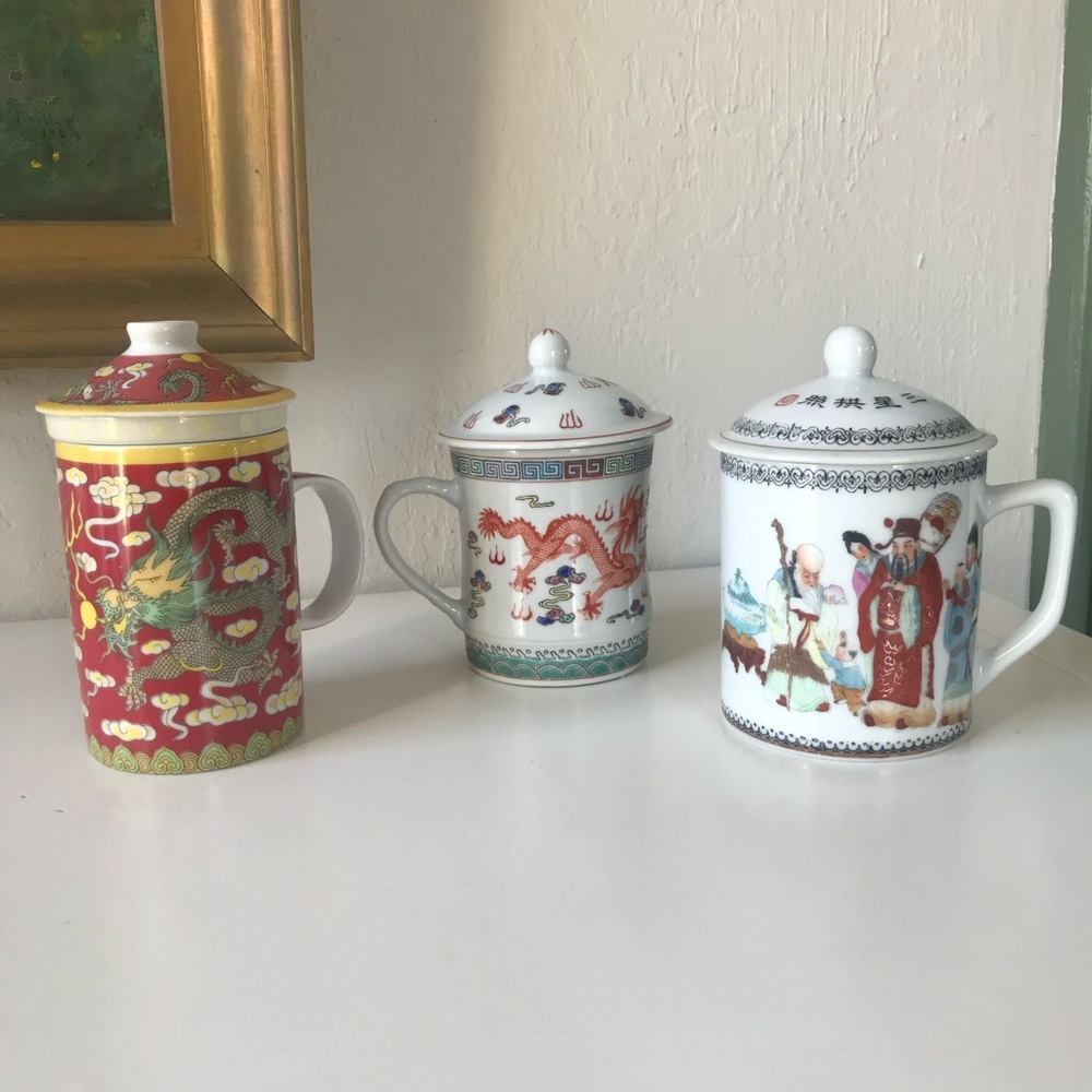 Set of Three Vintage Asian Coffee or Mugs with Lids + Strainer